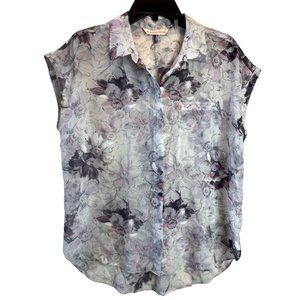 Rebecca Taylor Women Blouse Top Floral Print 100%Silk Collar Neck Pink Black SZ?